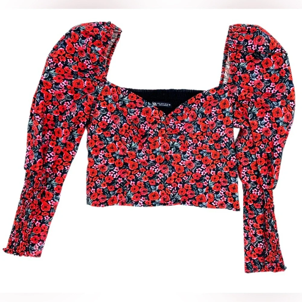 Zara Puff Sleeve Floral Crop Top Rose Print Sweetheart Ruched Blouse Size M - Picture 4 of 15